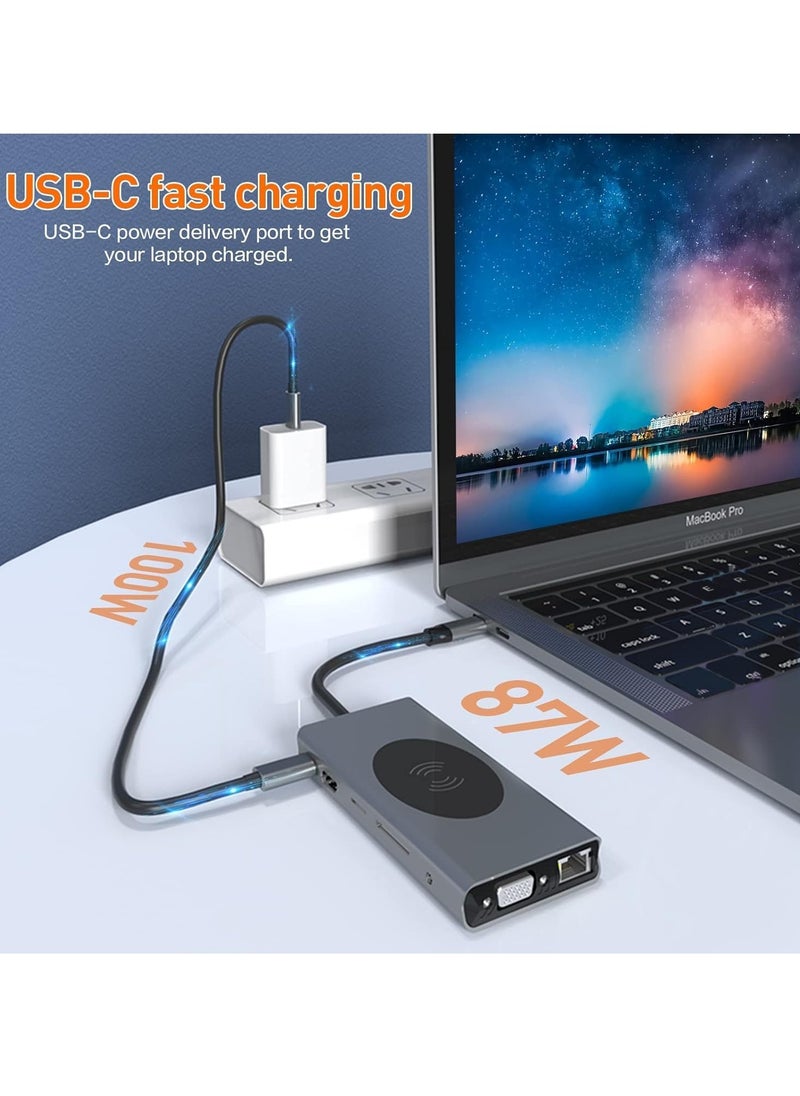 13-in-1 USB C Docking Station with Wireless Charging, 4K HDMI, VGA, USB 3.0, USB C, Ethernet, SD/TF Card Reader – Multiport Dock for MacBook Pro, Type-C Laptops & Devices – Expand Connectivity, Power Delivery, High-Speed Data Transfer & More