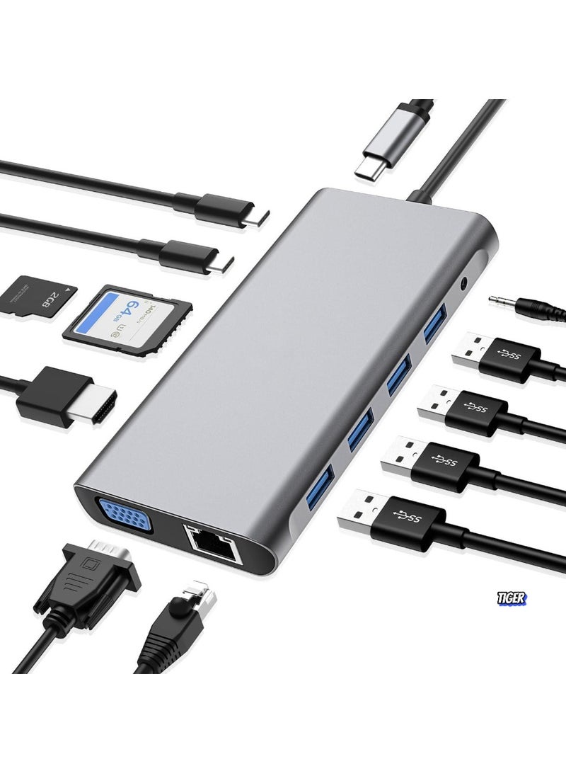 12-in-1 USB C Hub Docking Station with 4K HDMI, VGA, USB 3.0, Ethernet, SD/TF Card Reader, and More – Multiport Adapter for MacBook Pro, MacBook Air & Type-C Devices – Expand Connectivity, Power Delivery, High-Speed Data Transfer, and Versatile Functionality