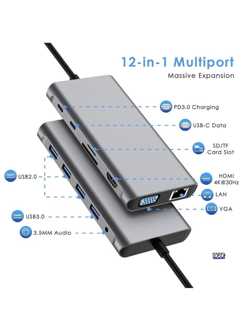 12-in-1 USB C Hub Docking Station with 4K HDMI, VGA, USB 3.0, Ethernet, SD/TF Card Reader, and More – Multiport Adapter for MacBook Pro, MacBook Air & Type-C Devices – Expand Connectivity, Power Delivery, High-Speed Data Transfer, and Versatile Functionality