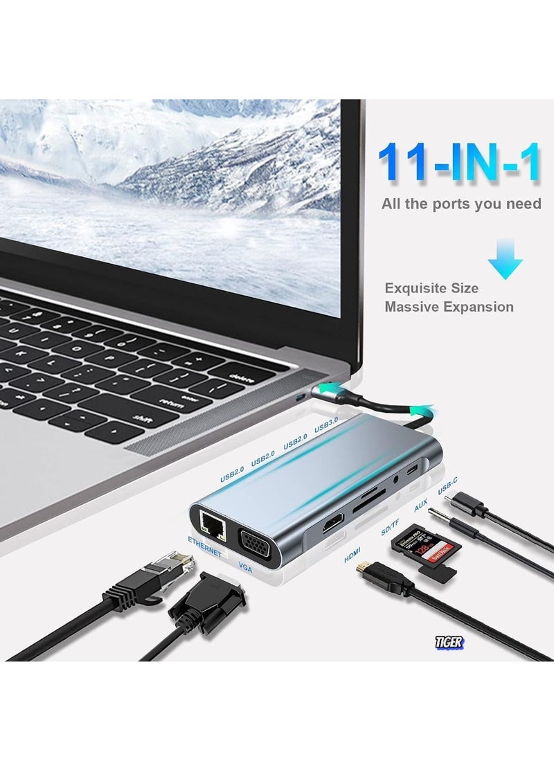 11-in-1 USB C Adapter Docking Station with 4K HDMI, USB 3.0, VGA, Ethernet, SD/TF Card Reader – Multiport Hub for MacBook Pro/Air, Type C Devices – Expand Connectivity, Power Delivery, and High-Speed Data Transfer