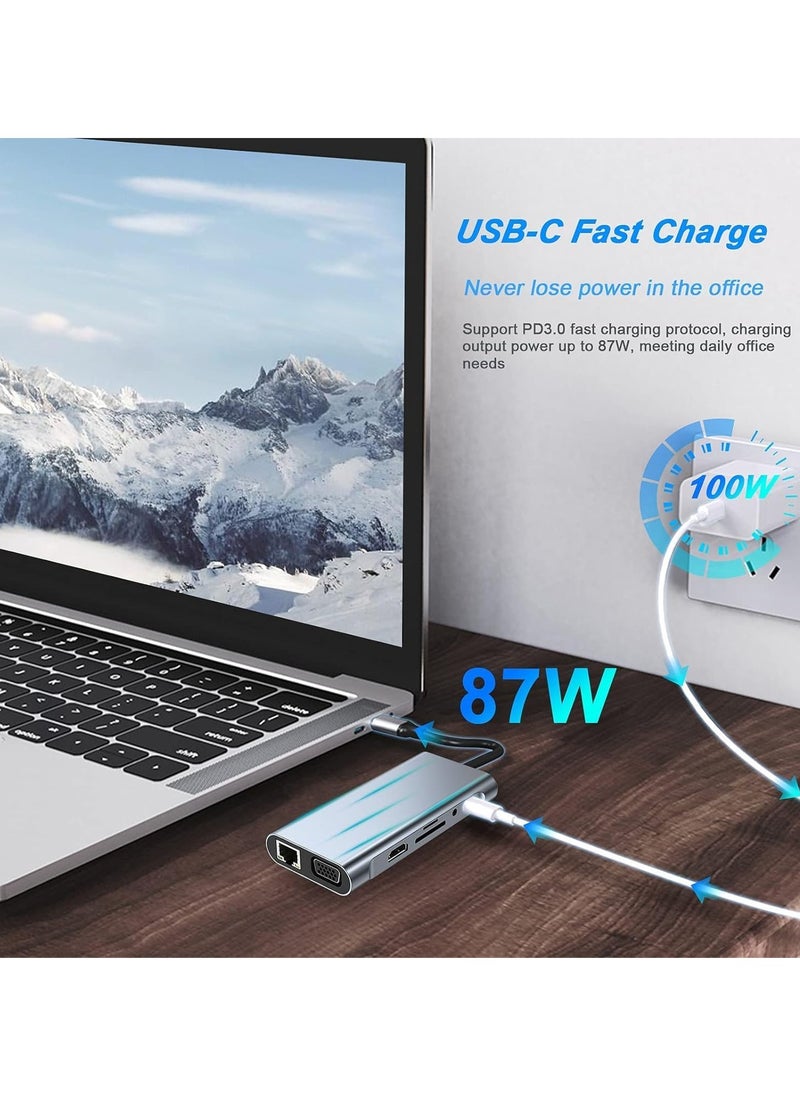 11-in-1 USB C Adapter Docking Station with 4K HDMI, USB 3.0, VGA, Ethernet, SD/TF Card Reader – Multiport Hub for MacBook Pro/Air, Type C Devices – Expand Connectivity, Power Delivery, and High-Speed Data Transfer