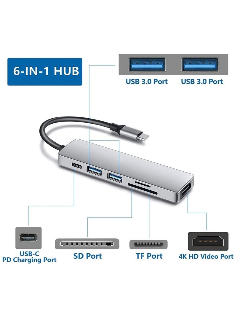 6-in-1 USB C Hub to HDMI 4K Adapter with SD/TF Card Reader, 3 USB 3.0 Ports – Compatible with iPad Pro, MacBook Pro/Air, iMac, Dell, and More