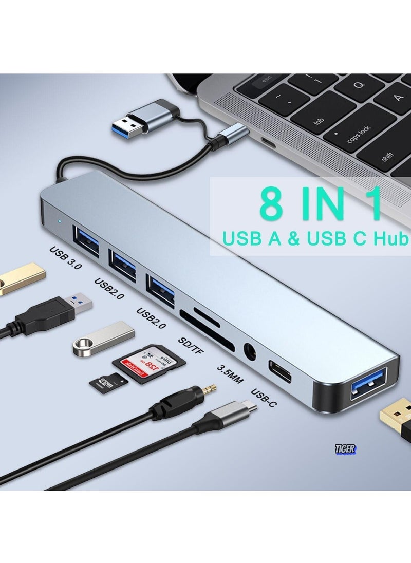 8-in-1 Aluminum USB C Hub with USB 3.0, USB 2.0, USB C Ports, SD/TF Card Reader, 3.5mm AUX – USB Splitter for MacBook Pro/Air, PC, Laptop & Tablet Devices