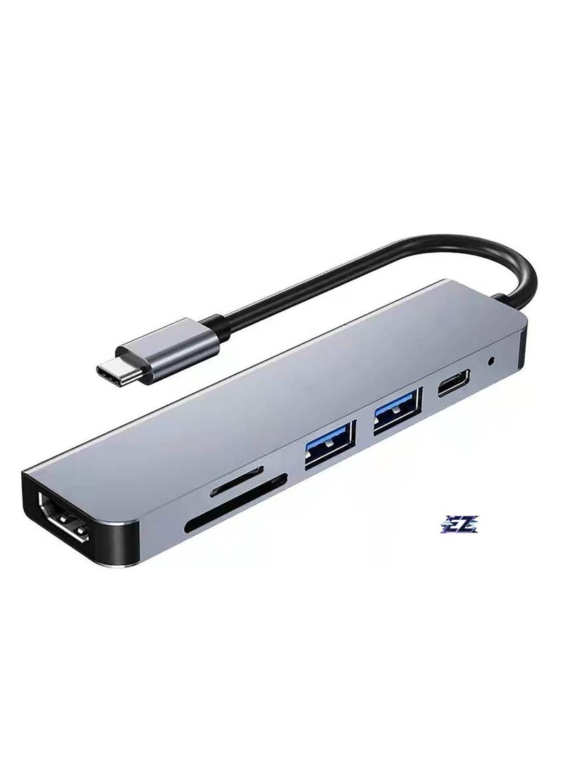 USB C Hub 6-in-1 Type C to HDMI 4K Adapter with 2 USB 3.0 Ports, SD/TF Card Reader, 100W USB-C Power Delivery, Aluminium, Compatible with MacBook Pro/Air, XPS, Laptops, Tablets, Smartphones - Space Grey