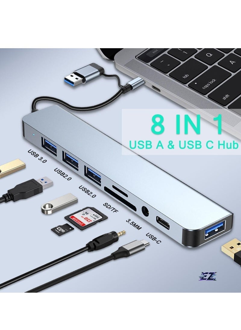 USB C Hub 8-in-1 USB Splitter, Aluminum USB Hub with USB 3.0, USB 2.0, USB-C Ports, SD/TF Card Reader, 3.5mm AUX, Compatible with MacBook Pro/Air, PC, Laptop, Tablet Devices – Space Grey