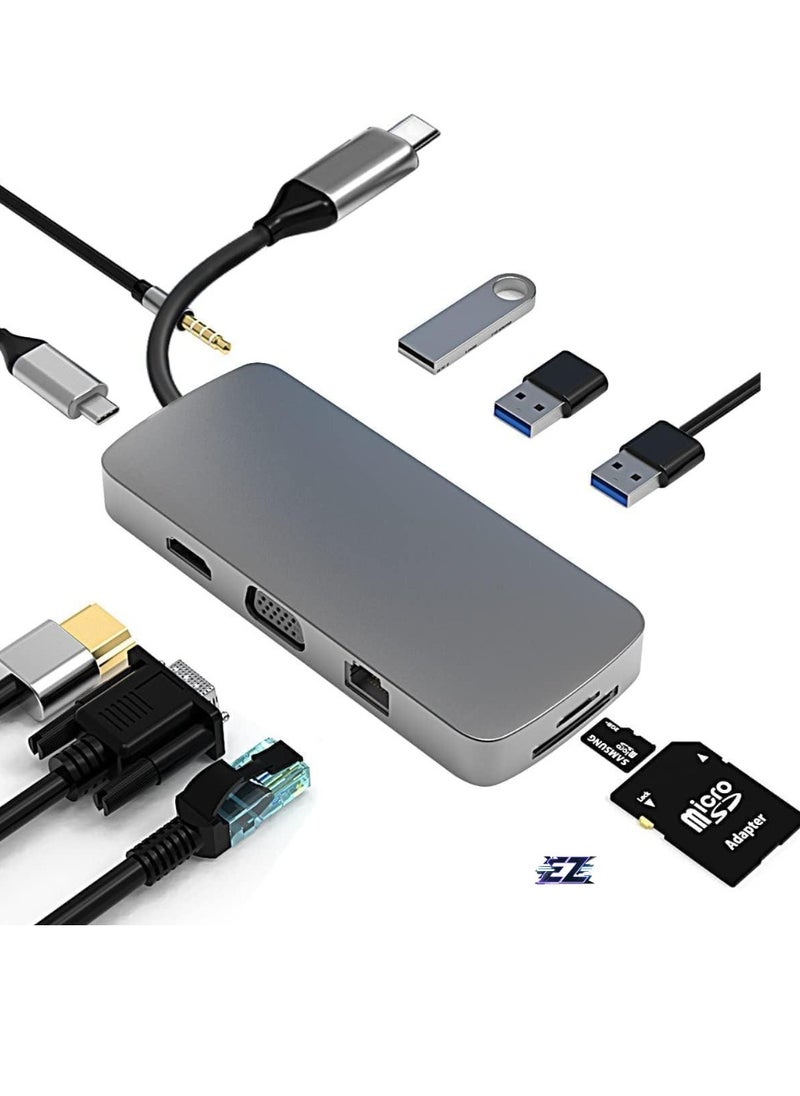 10-in-1 USB C Hub to HDMI 4K Adapter with VGA, 100W PD Charging, USB 3.0/2.0, Gigabit Ethernet, SD/TF Card Reader, 3.5mm Audio Jack, Type-C Docking Station for MacBook Pro/Air, XPS, Laptops & More