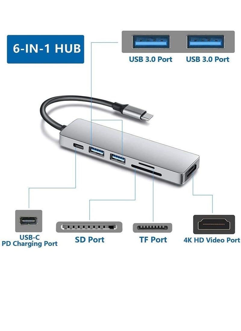 USB C Hub 6-in-1 to HDMI 4K Adapter, SD/TF Card Reader, 3 USB 3.0 Ports, Compatible with iPad Pro, MacBook Pro/Air, iMac, DELL, Laptops & Tablets – Space Grey