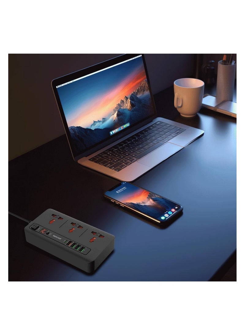 Porodo 3×AC 4×USB-A 1×USB-C PD 20W Multi-Port Super Hub UK, Universal Sockets, Built-In Safeguards, Over-Heat Protection, LED Display, EU/US/UK/AU Plugs, 24H Timer, 2M Cable - Black