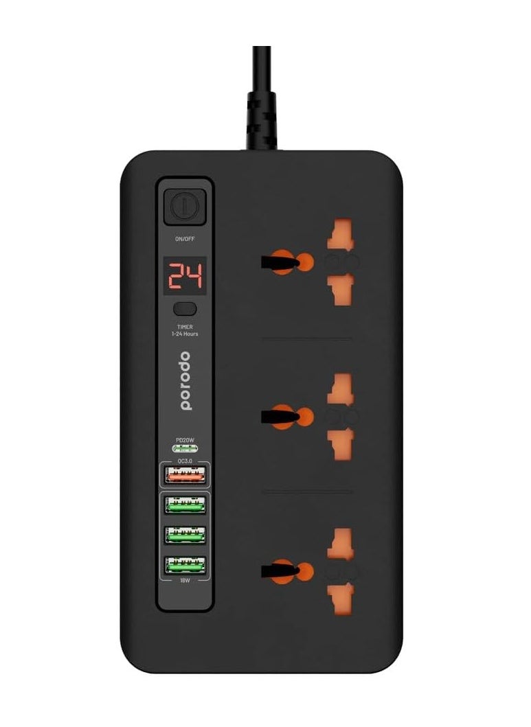 Porodo 3×AC 4×USB-A 1×USB-C PD 20W Multi-Port Super Hub UK, Universal Sockets, Built-In Safeguards, Over-Heat Protection, LED Display, EU/US/UK/AU Plugs, 24H Timer, 2M Cable - Black