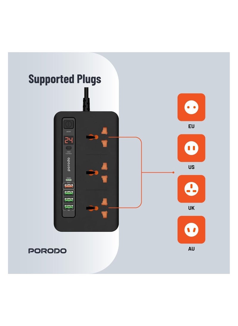 Porodo 3×AC 4×USB-A 1×USB-C PD 20W Multi-Port Super Hub UK, Universal Sockets, Built-In Safeguards, Over-Heat Protection, LED Display, EU/US/UK/AU Plugs, 24H Timer, 2M Cable - Black