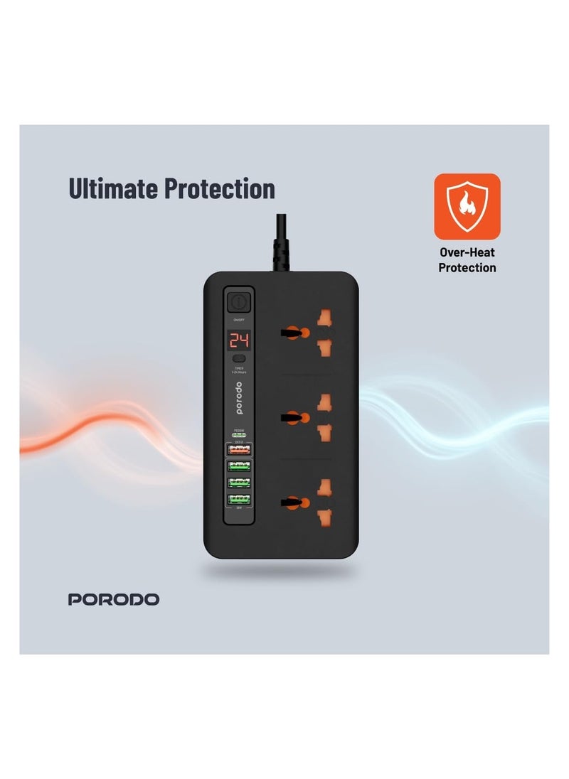 Porodo 3×AC 4×USB-A 1×USB-C PD 20W Multi-Port Super Hub UK, Universal Sockets, Built-In Safeguards, Over-Heat Protection, LED Display, EU/US/UK/AU Plugs, 24H Timer, 2M Cable - Black