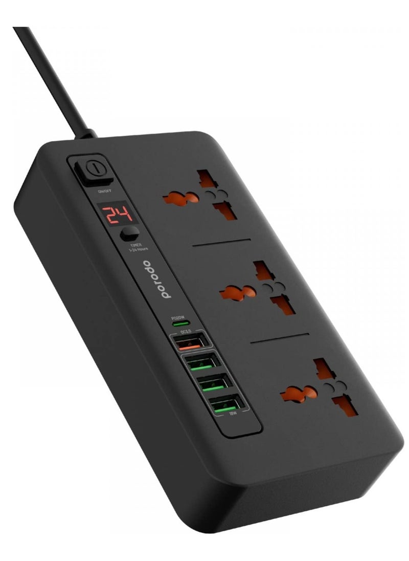 Porodo 3×AC 4×USB-A 1×USB-C PD 20W Multi-Port Super Hub UK, Universal Sockets, Built-In Safeguards, Over-Heat Protection, LED Display, EU/US/UK/AU Plugs, 24H Timer, 2M Cable - Black