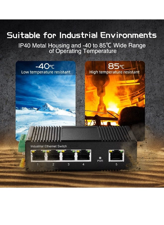 5 Port Gigabit Din Rail Industrial Ethernet Switch, Mini Industrial 5 Ports Gigabit Switch, Hardened 5 Port RJ45 10/100/1000Mbps Ethernet Switch, Fanless Wall Mount