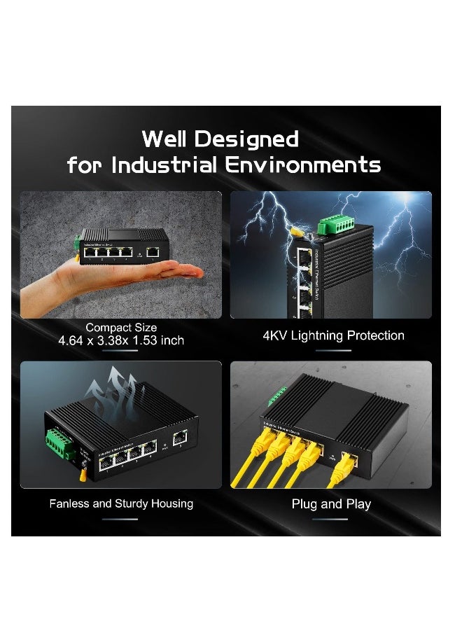 5 Port Gigabit Din Rail Industrial Ethernet Switch, Mini Industrial 5 Ports Gigabit Switch, Hardened 5 Port RJ45 10/100/1000Mbps Ethernet Switch, Fanless Wall Mount