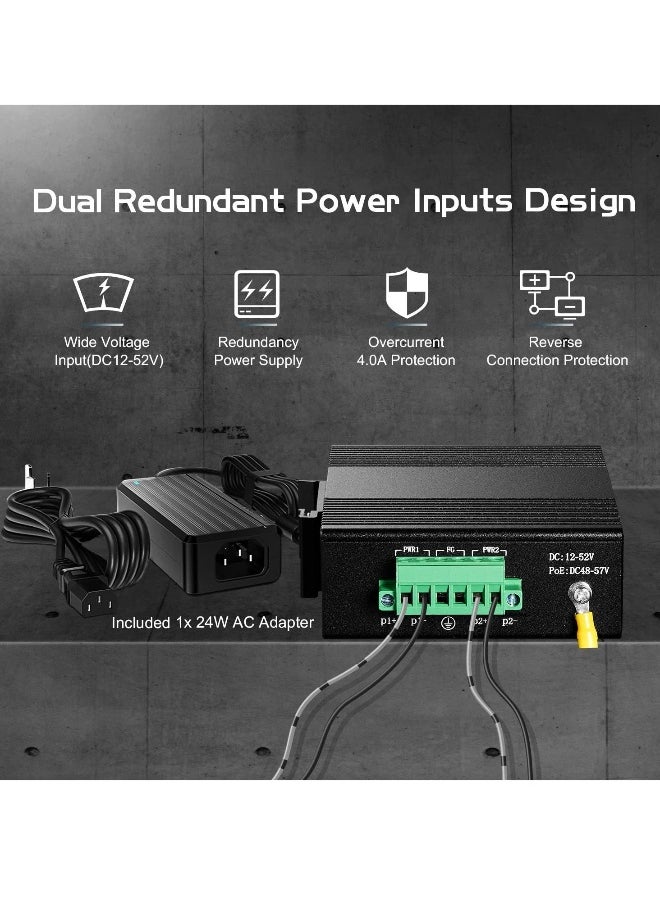 5 Port Gigabit Din Rail Industrial Ethernet Switch, Mini Industrial 5 Ports Gigabit Switch, Hardened 5 Port RJ45 10/100/1000Mbps Ethernet Switch, Fanless Wall Mount