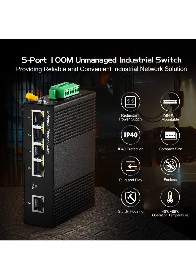5 Port Gigabit Din Rail Industrial Ethernet Switch, Mini Industrial 5 Ports Gigabit Switch, Hardened 5 Port RJ45 10/100/1000Mbps Ethernet Switch, Fanless Wall Mount