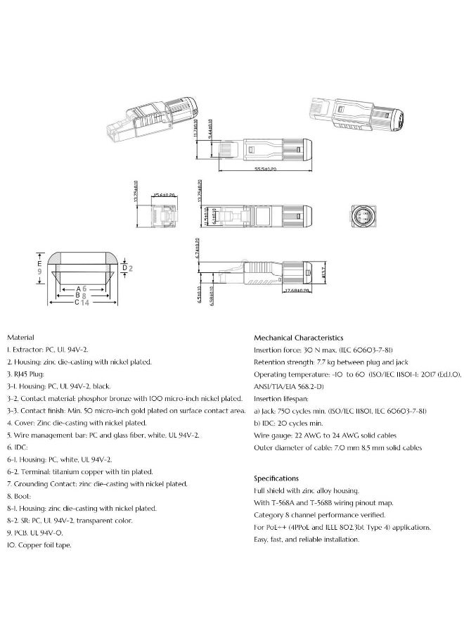 RJ45 Connectors Tool Free Cat 8, Cat8 Field Termination Plug Shielded RJ45 Modular Plugs for 2000MHz 2GHz 40G Double Shielded Solid LAN Cable 22AWG-24AWG (6-Pack)