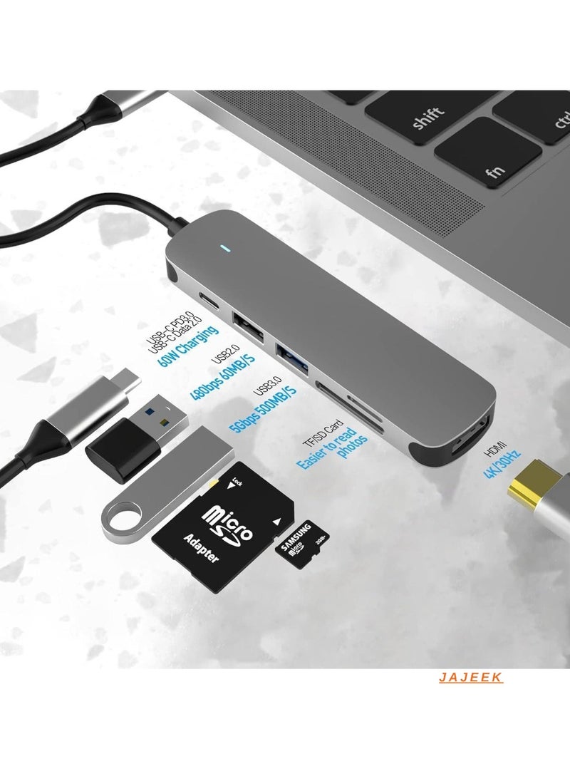 6-in-1 USB C Hub with USB 3.0, 4K HDMI, USB C PD, SD/TF Card Reader – Compact Docking Station for MacBook Pro, MacBook Air & Type-C Laptops – Fast Charging, High-Resolution Display, Seamless Data Transfer