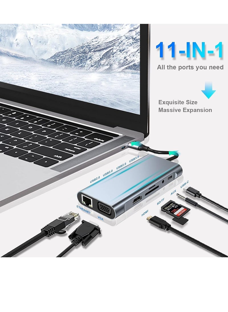 11-in-1 USB C Hub with 4K HDMI, VGA, USB 3.0, Ethernet, and SD/TF Card Readers – Compatible with MacBook Pro/Air & Other Type C Devices