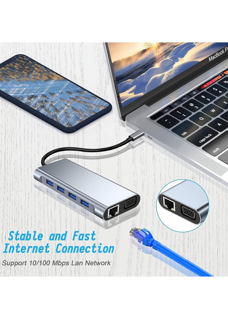 11-in-1 USB C Hub with 4K HDMI, VGA, USB 3.0, Ethernet, and SD/TF Card Readers – Compatible with MacBook Pro/Air & Other Type C Devices