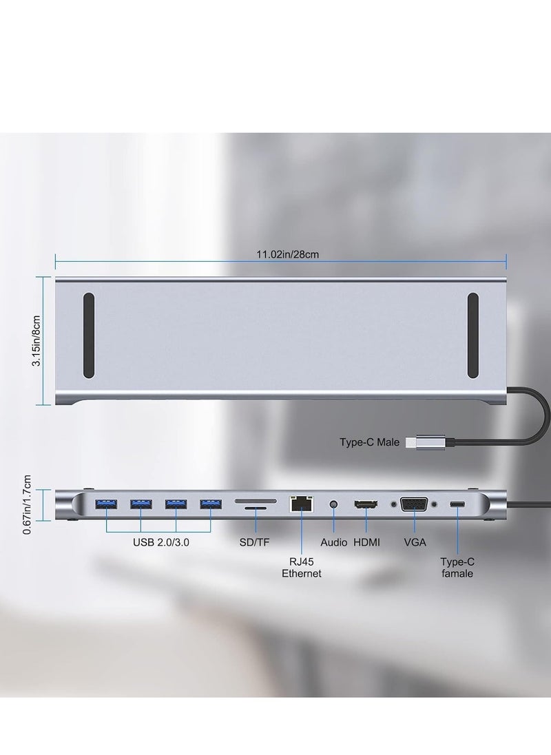 11-in-1 USB C Docking Station with 4K HDMI, VGA, SD/TF Card Reader, 4 USB 3.0 Ports, RJ45 Ethernet – MacBook, Mac Pro, iMac & More – Multi-Port Adapter for Enhanced Productivity & Seamless Connectivity