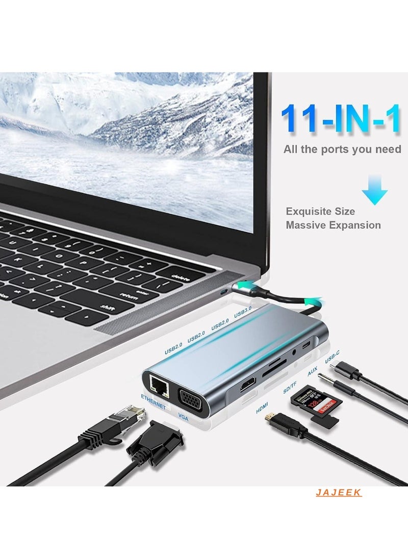 11-in-1 USB C Adapter Docking Station with 4K HDMI, USB 3.0, VGA, Ethernet, SD/TF Card Reader – Multi-Port Hub for MacBook Pro/Air & Type C Devices – Seamless Connectivity, Fast Charging & High-Resolution Display