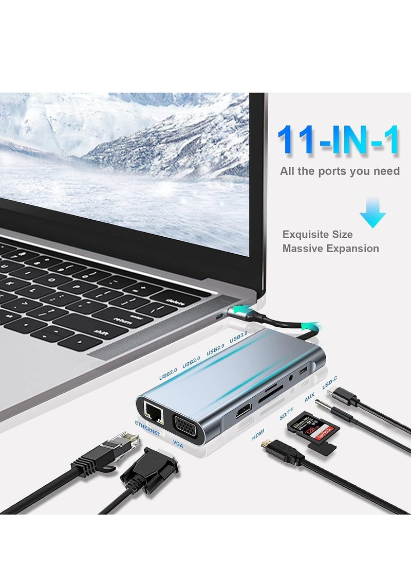 11-in-1 USB C Adapter Docking Station with 4K HDMI, USB 3.0, VGA, Ethernet, SD/TF Card Reader – Multi-Port Hub for MacBook Pro/Air & Type C Devices – Seamless Connectivity, Fast Charging & High-Resolution Display