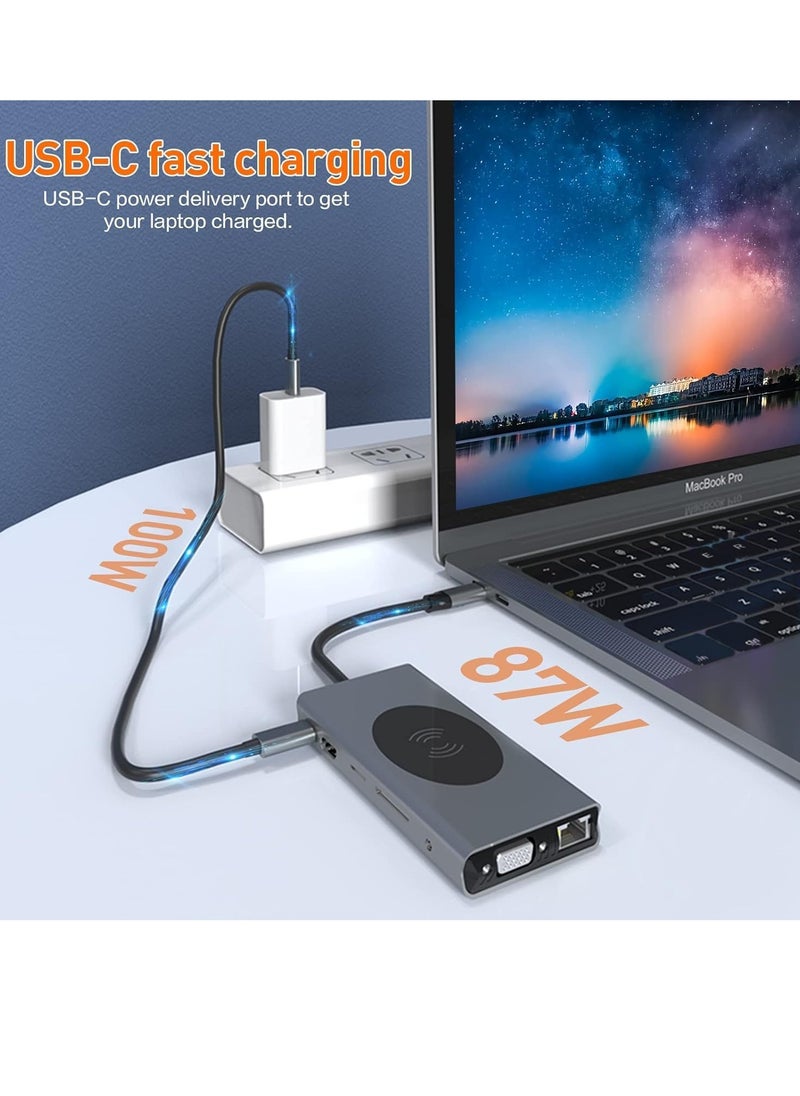 13-in-1 USB C Docking Station with Wireless Charging, 4K HDMI, VGA, USB 3.0, USB C, Ethernet, SD/TF Card Reader – Ultimate Adapter for MacBook Pro, MacBook Air & Type-C Devices – Expand Your Connectivity