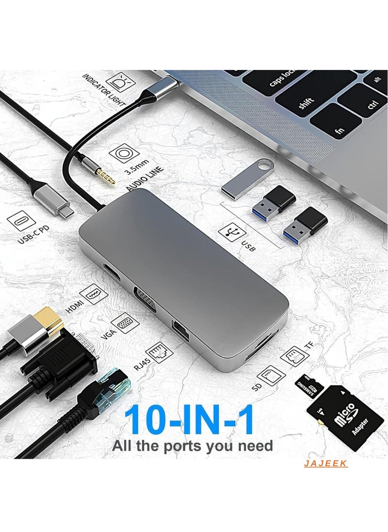 10-in-1 USB C Hub Docking Station with 4K HDMI, VGA, USB 3.0, Ethernet, SD/TF Card Reader, 3.5mm AUX – Multi-Port Adapter for MacBook Pro & Type C Laptops – Fast Data Transfer, High-Resolution Display & Seamless Connectivity