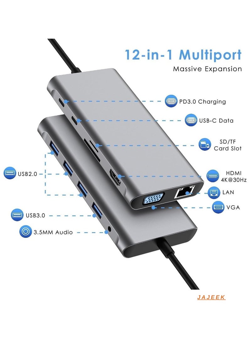 12-in-1 USB C Hub Docking Station with 4K HDMI, VGA, USB 3.0, Ethernet, SD/TF Card Reader – Ultimate Adapter for MacBook Pro, Air & Type-C Devices – Expand Your Connectivity and Productivity