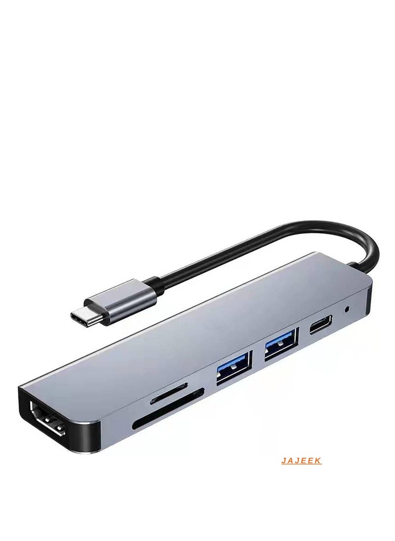 USB C Hub 6-in-1 Type C to HDMI 4K Adapter with 2 USB 3.0 Ports, SD/TF Card Reader, 100W USB-C Power Delivery, Aluminium, Compatible with MacBook Pro/Air, XPS, and More - Space Grey