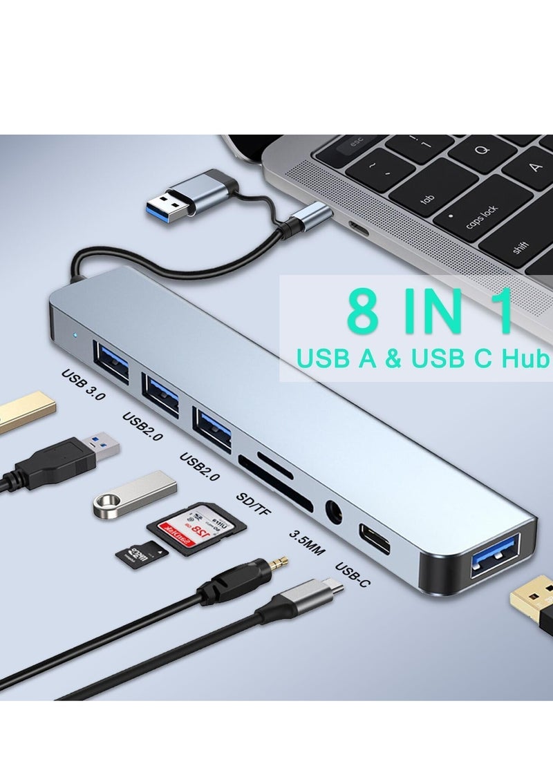 USB C Hub 8-in-1 Aluminum USB Splitter with USB 3.0, USB 2.0, USB C Ports, SD/TF Card Reader, 3.5mm AUX for MacBook Pro/Air, PC, Laptop, and Tablet Devices