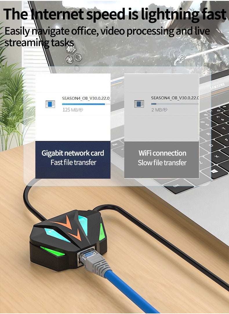 2-in-1 Charging and Ethernet Adapter – USB to 100/1000Mbps RGB Network Card, External Plug-and-Play USB Ethernet Adapter, Fast PD Charging, Compatible with WIN7, WIN8, WIN10, WIN11, Mac OSX, Linux