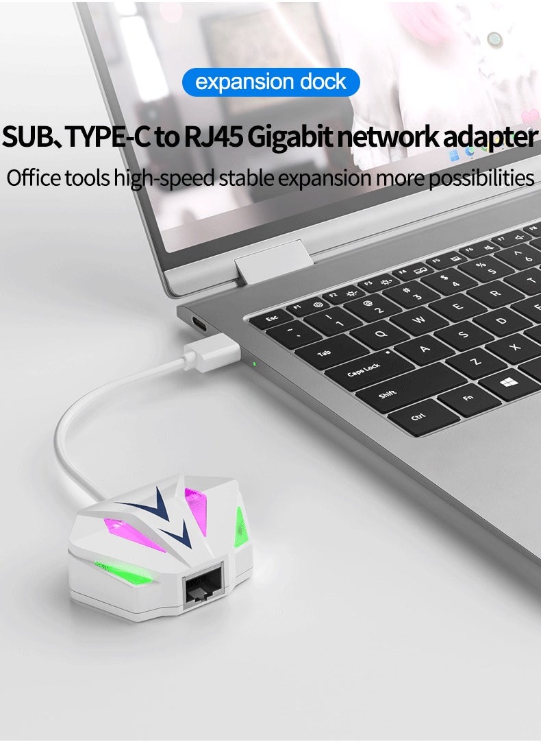 2-in-1 Type-C USB to 1000Mbps RGB Ethernet Adapter with PD Fast Charging, External Plug-and-Play Network Card for Laptop, Tablet, & Phone – High-Speed Wired Ethernet, Compatible with Windows & Mac