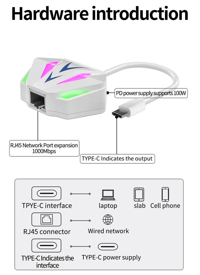 2-in-1 Type-C USB to 1000Mbps RGB Ethernet Adapter with PD Fast Charging, External Plug-and-Play Network Card for Laptop, Tablet, & Phone – High-Speed Wired Ethernet, Compatible with Windows & Mac