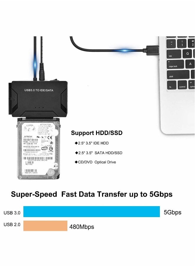 SATA/IDE to USB 3.0 Adapter, Hard Drive Adapter with 12V 2A Power Supply Support 6TB, Hard Drive Reader for Universal 2.5/3.5-Inch IDE and SATA External HDD/SSD