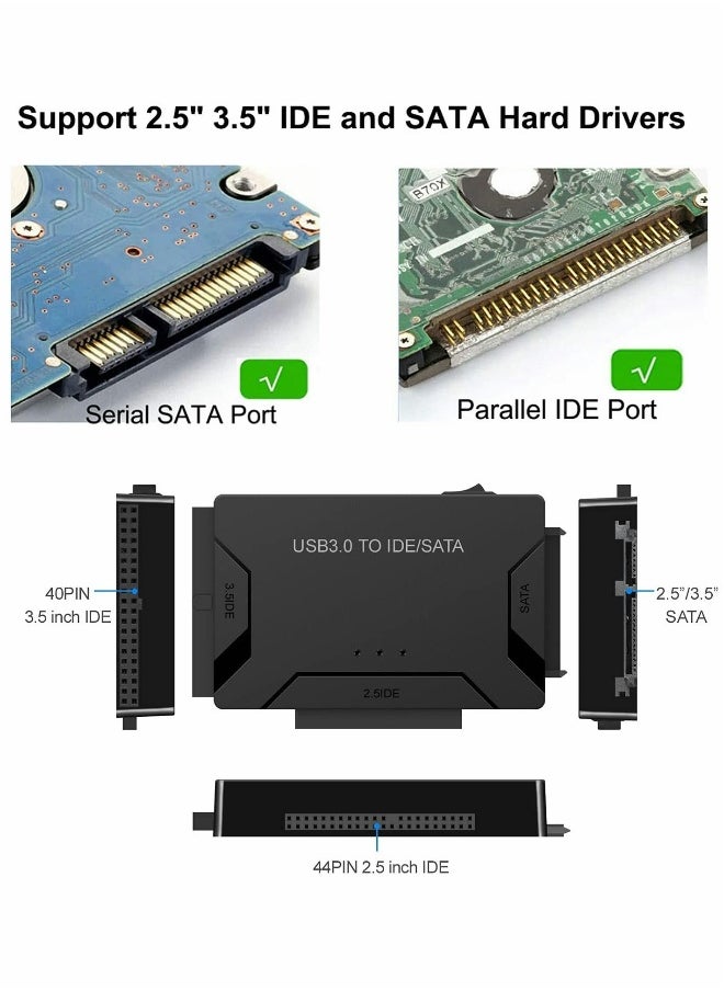 SATA/IDE to USB 3.0 Adapter, Hard Drive Adapter with 12V 2A Power Supply Support 6TB, Hard Drive Reader for Universal 2.5/3.5-Inch IDE and SATA External HDD/SSD