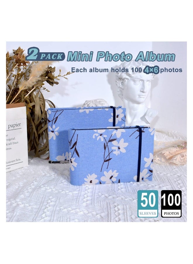 2 Pcs Small Photo Album 4X6 100 Pockets Book Linen Cover Portable Picture Albums for Baby Family Wedding Anniversary Blue