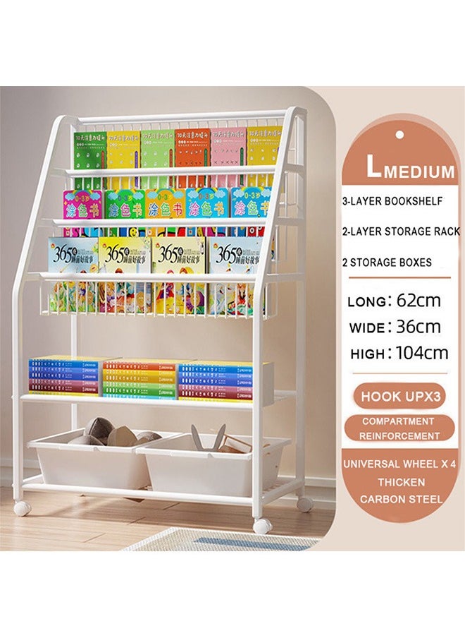 3-Layer Mobile Bookshelf With Storage Box, Children'S Toy Storage Rack, White Metal Frame