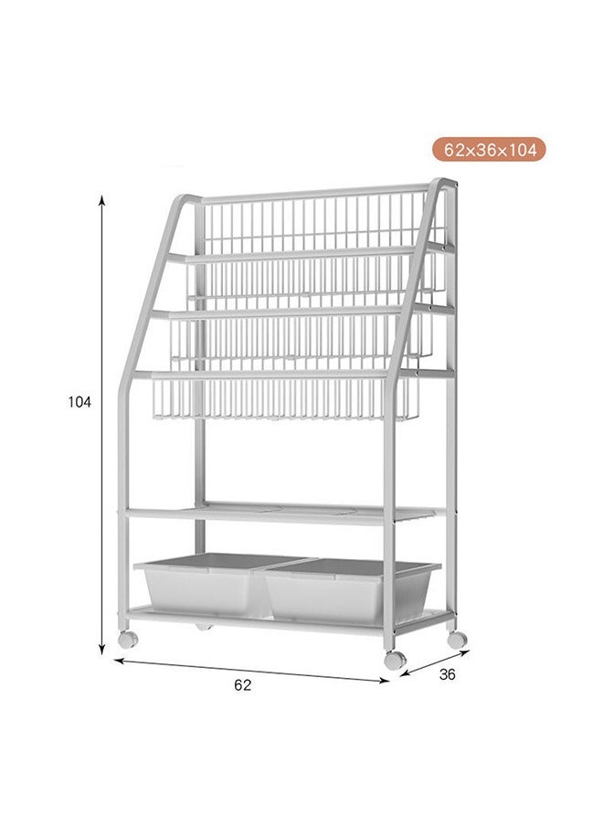 3-Layer Mobile Bookshelf With Storage Box, Children'S Toy Storage Rack, White Metal Frame