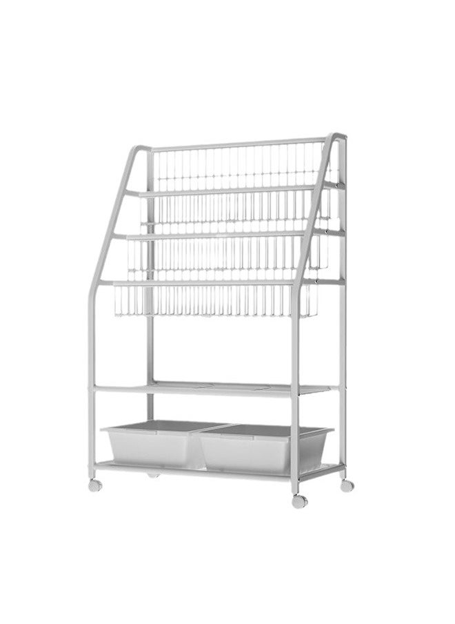 3-Layer Mobile Bookshelf With Storage Box, Children'S Toy Storage Rack, White Metal Frame