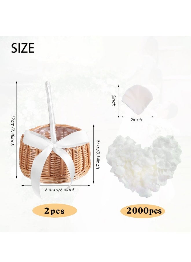 2 Pcs Wedding Flower Girl Basket, with 2000 Pcs Artificial Silk Rose Petals, Wicker Rattan Flower Basket Petals for Weddings Party Home Decoration Photo Props