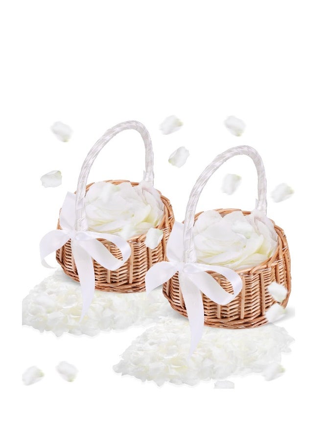 2 Pcs Wedding Flower Girl Basket, with 2000 Pcs Artificial Silk Rose Petals, Wicker Rattan Flower Basket Petals for Weddings Party Home Decoration Photo Props