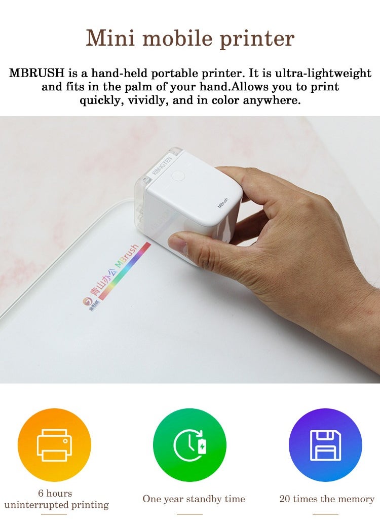 Handheld Color Printer Mini Wireless Smart Inkjet Portable Small Printer, Full-Color Printing, Works on Multiple Materials, One-Button Setup, 6 Hours Continuous Printing, 1-Year Standby, Up to 415 Pages