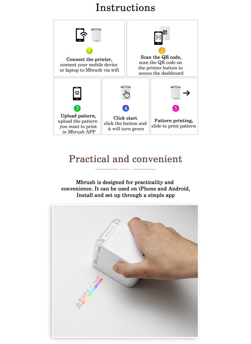 Handheld Color Printer Mini Wireless Smart Inkjet Portable Small Printer, Full-Color Printing, Works on Multiple Materials, One-Button Setup, 6 Hours Continuous Printing, 1-Year Standby, Up to 415 Pages