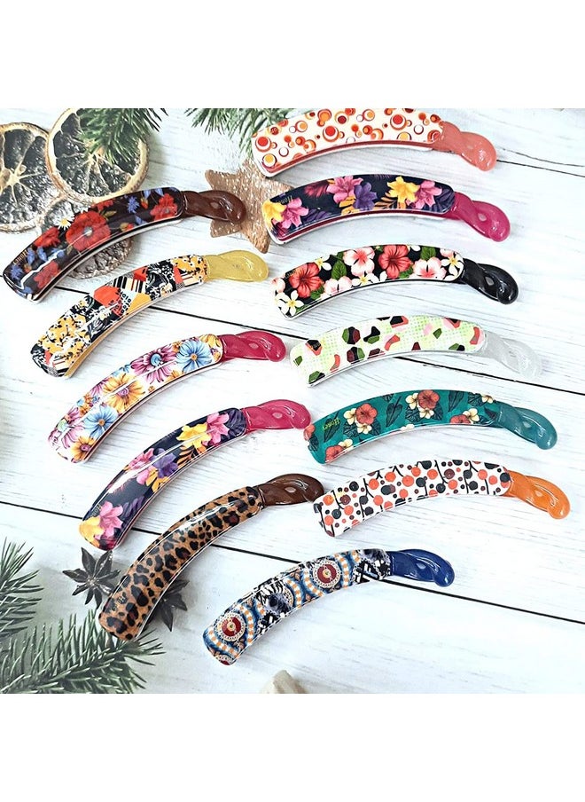 Big-Size Multi Color Imported Rubber Acrylic Material Stone Banana Hair Clips For Women (Multi Colour) | Hair Clutchers (Banana-Printed-Multicolor-Pc Of 9)