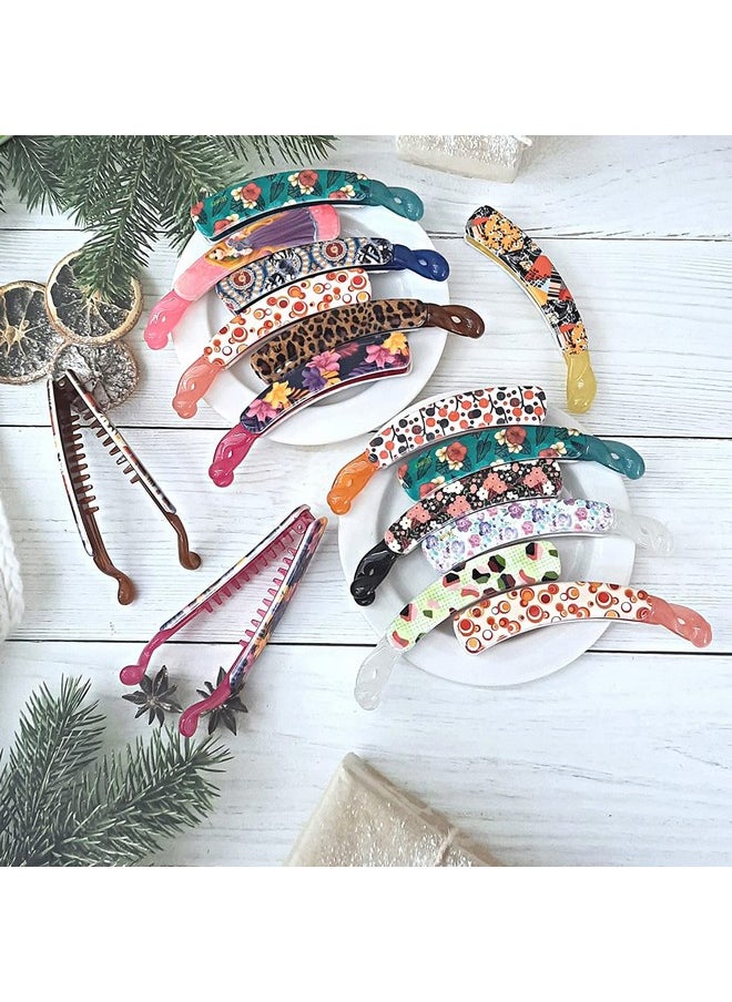 Big-Size Multi Color Imported Rubber Acrylic Material Stone Banana Hair Clips For Women (Multi Colour) | Hair Clutchers (Banana-Printed-Multicolor-Pc Of 9)