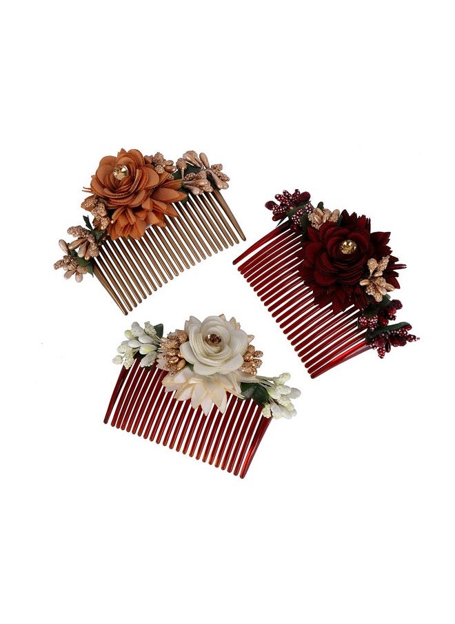 Multicolor Acrylic Comb Indo Western Fancy Hair Clip/Side Pin/Comb Pin/Jooda Pin Hair Accessories With Cloth Flower For Women And Girls Pack Of 3