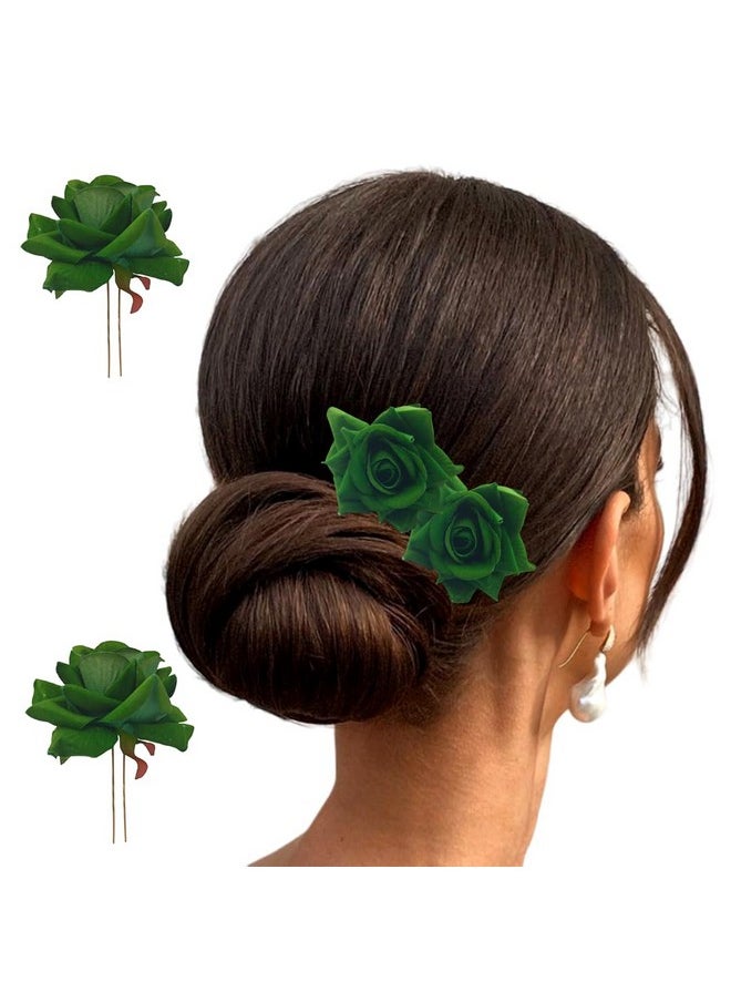 Artificial Plastic & Metal Rose Flower With Abundance Of Petals Design Hairpin/Hair Clip/Judabun | Bridal Hair Accessories For Women & Girls - 2700, Green, Set Of 2