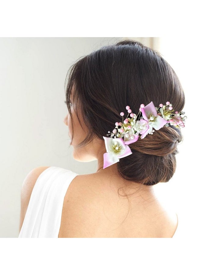 Artificial Lily Flower With Stone And Pearl Hair Vein/Juda Bun/Bridal Hair Pin/Hair Clip/Hair Accessories For Women & Girls - 2383, Baby Pink